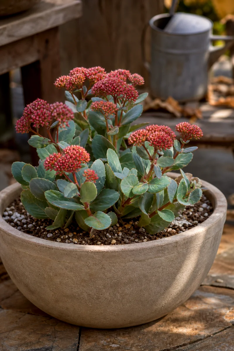 Sedum With Succulent Leaves and Autumn Flowers Sedum with fleshy leaves and pink-rust flower clusters in a well-drained fall container