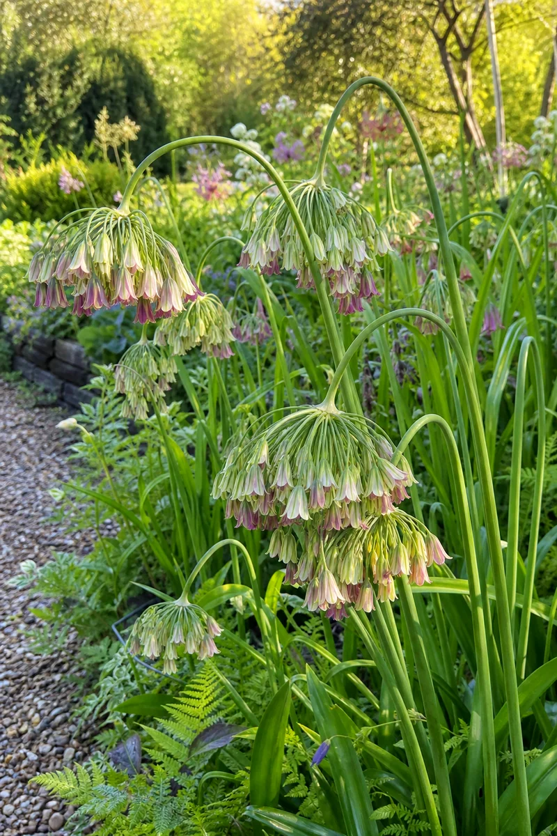 Drooping cream, pink, and green Sicilian honey garlic bells in a sunny border