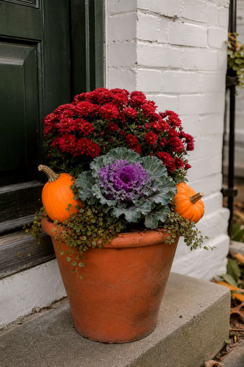 Compact mums, mini ornamental kale, and tiny pumpkins in a small terracotta pot