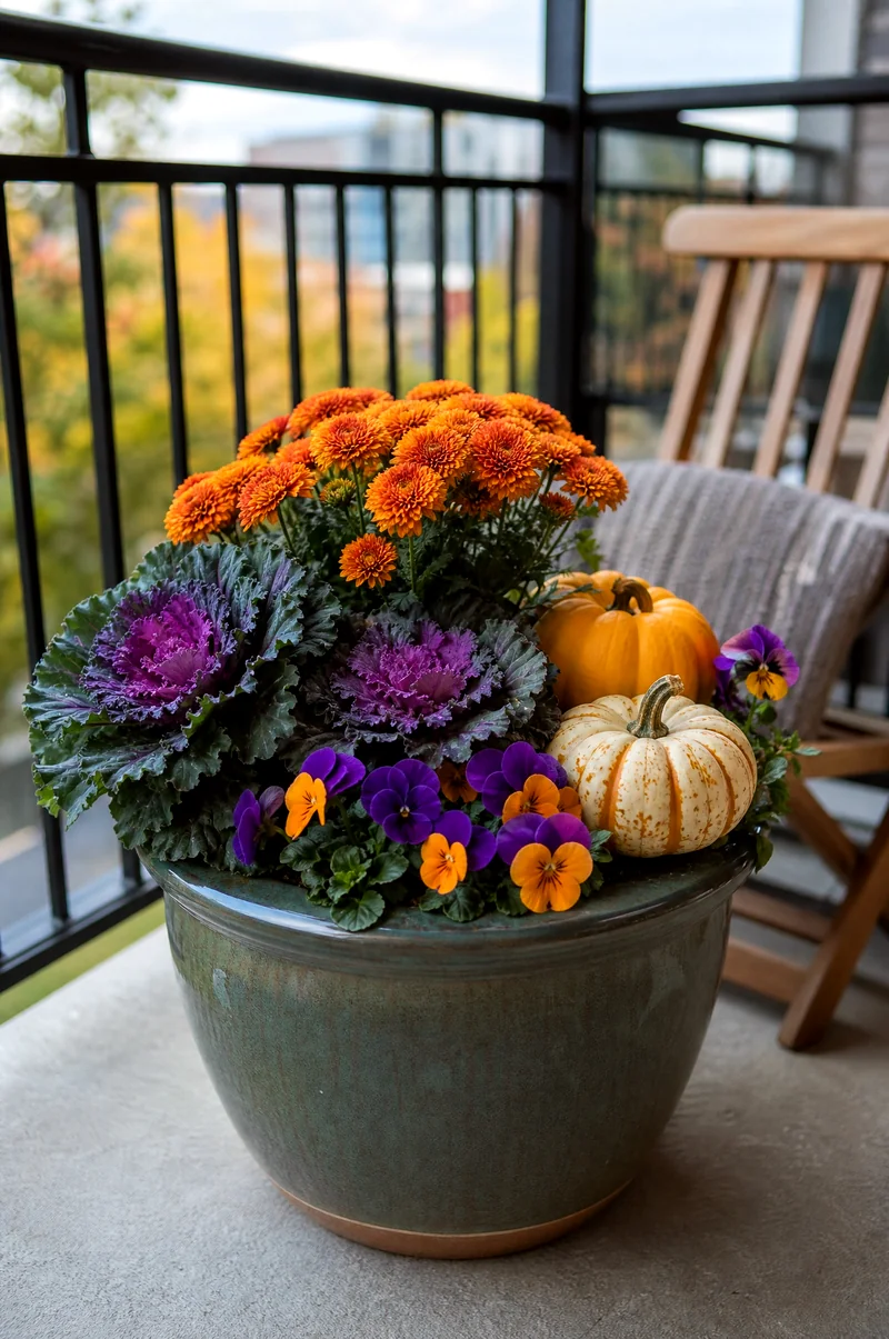 Small-Space Fall Container Medium balcony pot with compact mums, miniature kale, pansies, and small pumpkins