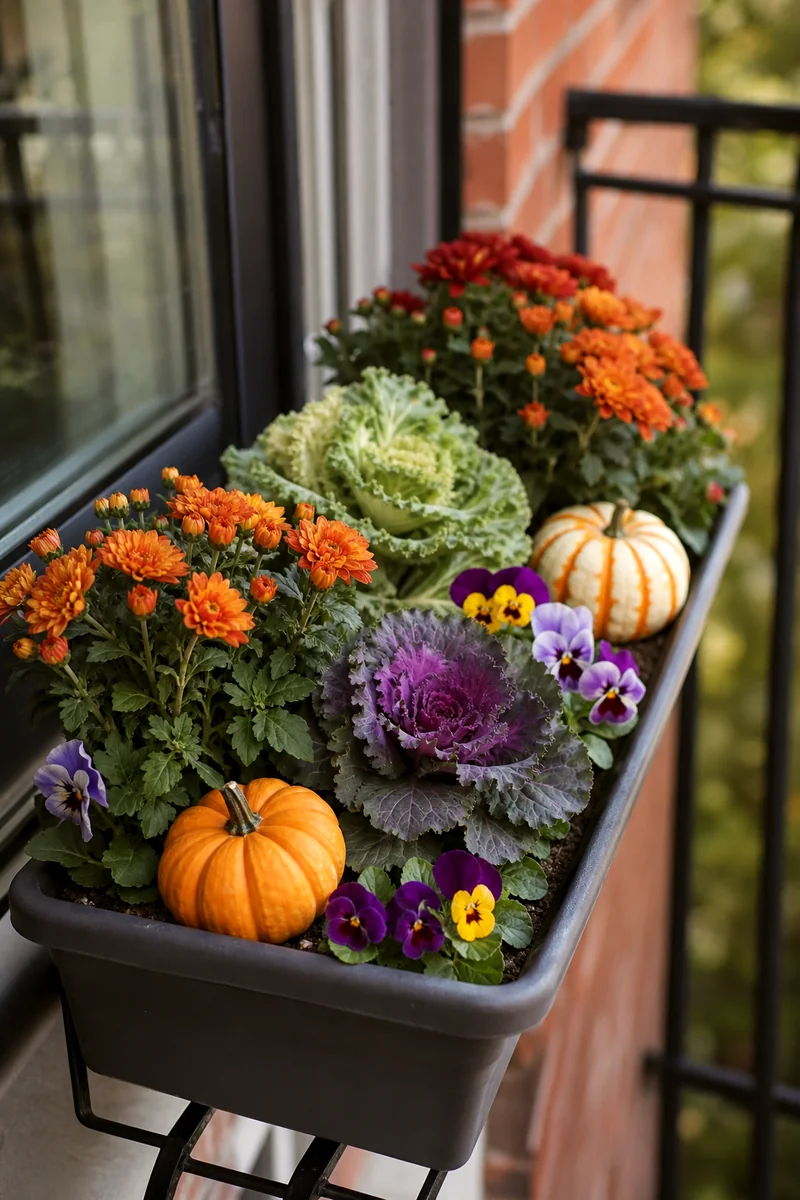 Small-Space Fall Window Box Compact mums, miniature kale, violas, and tiny pumpkins in a narrow fall window box