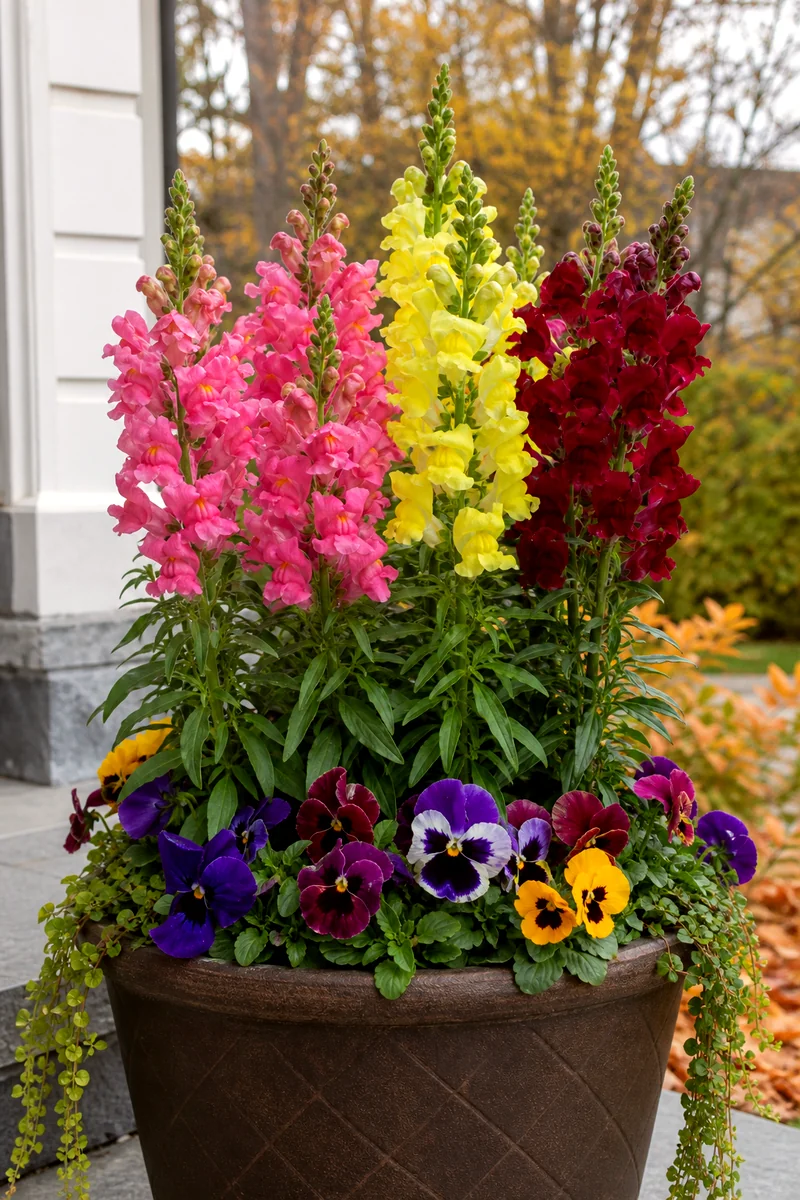 Snapdragons Adding Upright Flower Spikes Pink, yellow, and burgundy snapdragon spikes rising from a fall planter with pansies