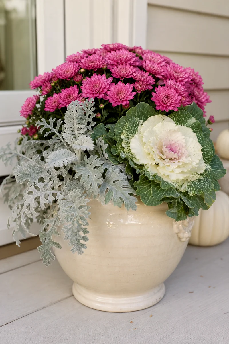 Dusty pink mums with white cabbage and silver dusty miller in a cream ceramic pot