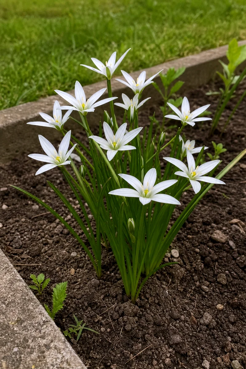 White star of Bethlehem flowers blooming in a contained garden bed
