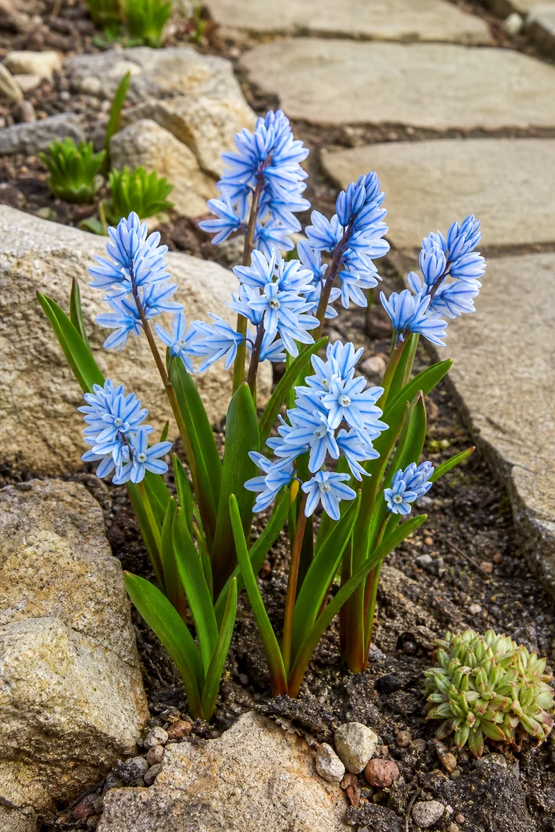 Pale striped squill flowers blooming beside stones in a rock garden