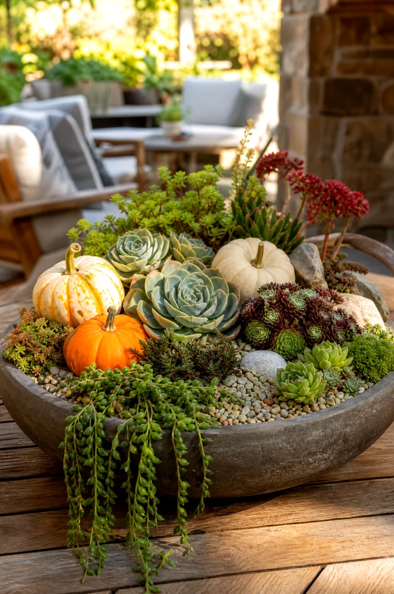 Succulent Pumpkin Planter Mini pumpkins with echeveria, sedum, sempervivum, and trailing succulents in a shallow planter