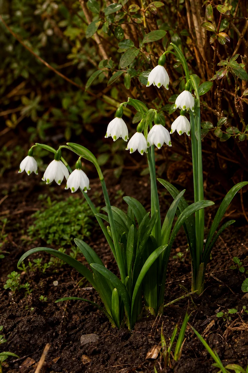White summer snowflake bells with green tips blooming near shrubs
