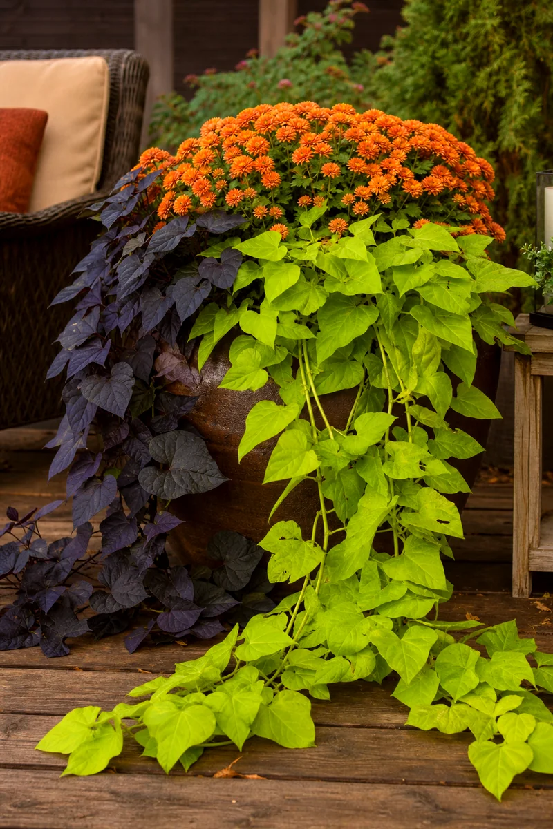 Sweet Potato Vine Trailing in an Early Fall Container Lime and purple sweet potato vine trailing from a fall planter with orange mums