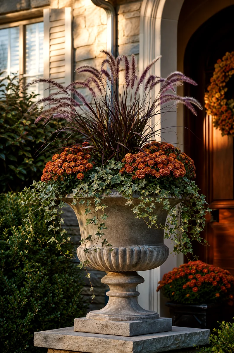 Tall Grass and Bronze Mum Urn Stone urn planted with purple fountain grass, bronze mums, and cascading ivy