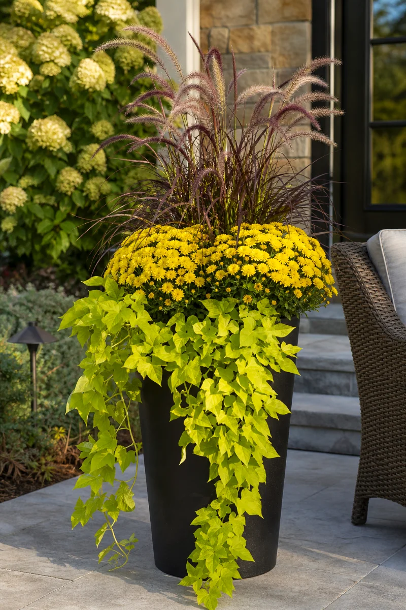 Purple fountain grass, yellow mums, and sweet potato vine in a tall black pot