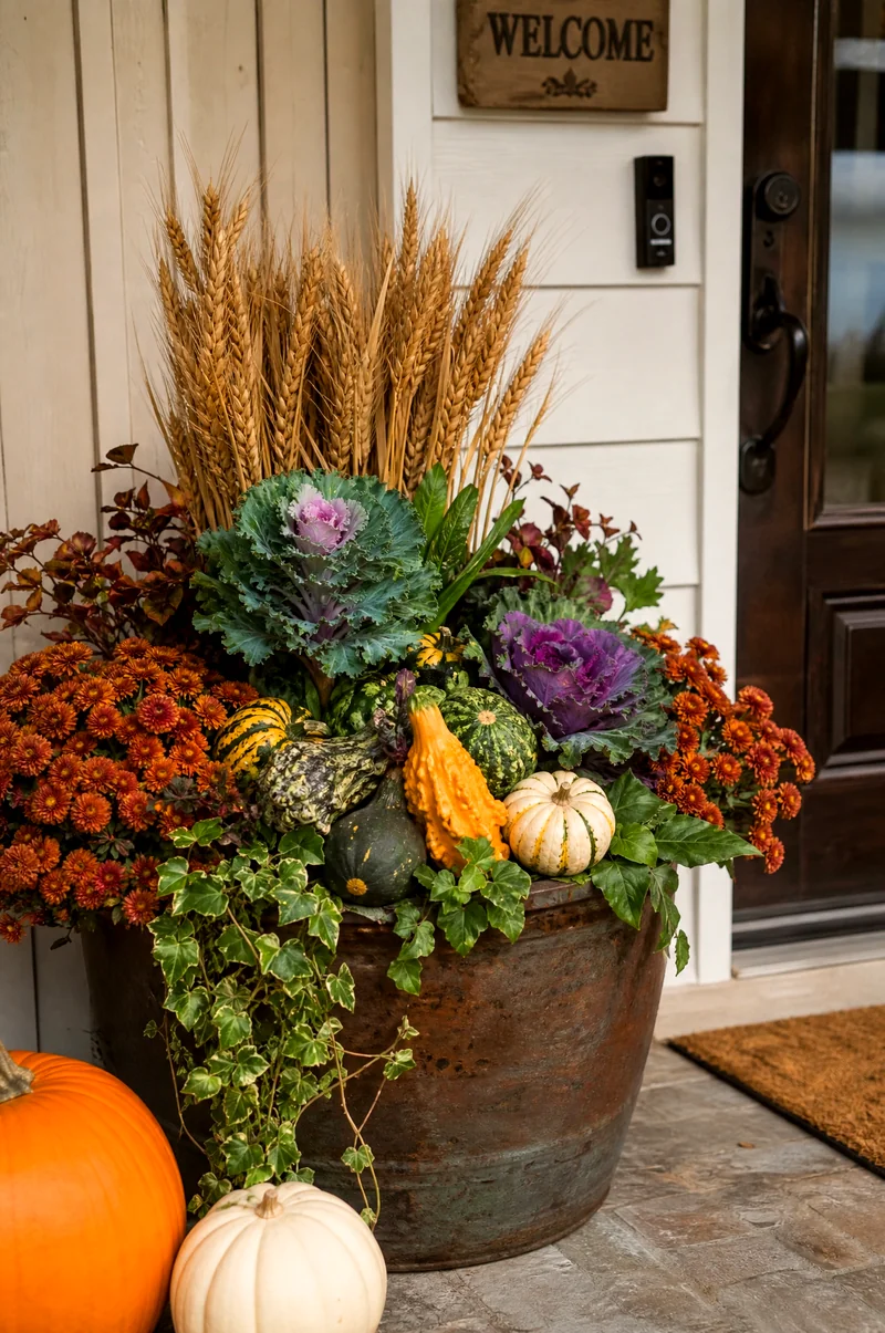 Thanksgiving Harvest Container Garden Large fall pot with bronze mums, ornamental kale, wheat stems, pumpkins, and gourds