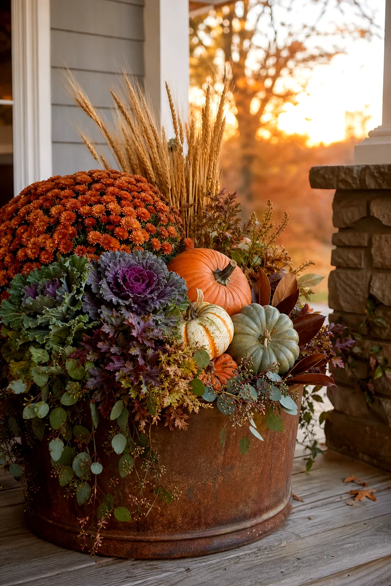 Bronze mums, ornamental kale, wheat stalks, mixed pumpkins, and foliage in a full porch planter