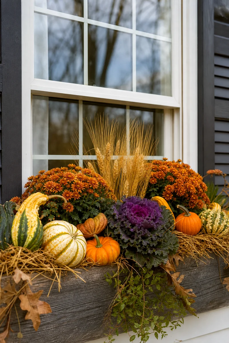 Thanksgiving Harvest Window Box Bronze mums, wheat stalks, gourds, pumpkins, and ornamental kale in a Thanksgiving window box