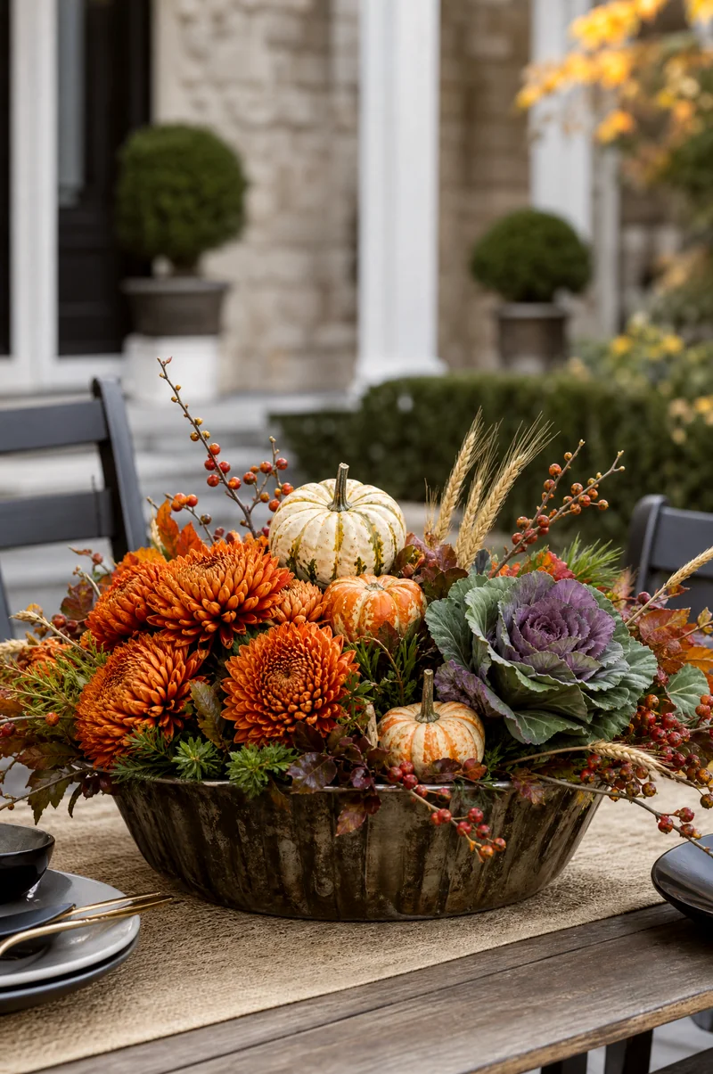 Thanksgiving Mum Centerpiece Planter Low centerpiece planter with bronze mums, cabbage, mini pumpkins, wheat, and berry branches