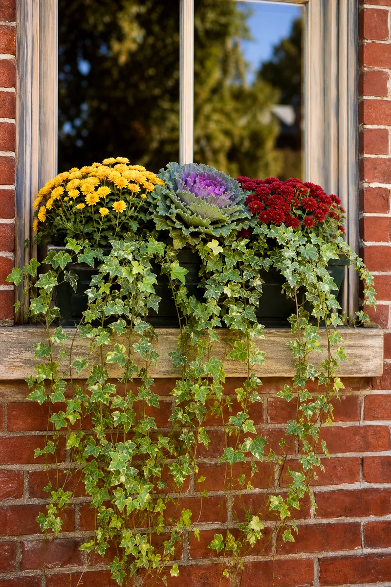 Trailing Ivy Fall Window Box Compact mums and kale framed by long trailing ivy in a fall window box