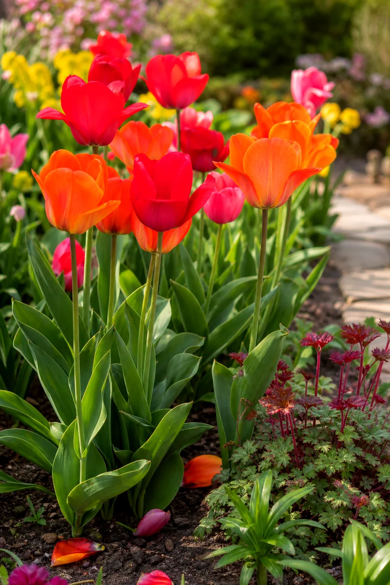 Bright tulips blooming in a spring garden border with young perennial foliage