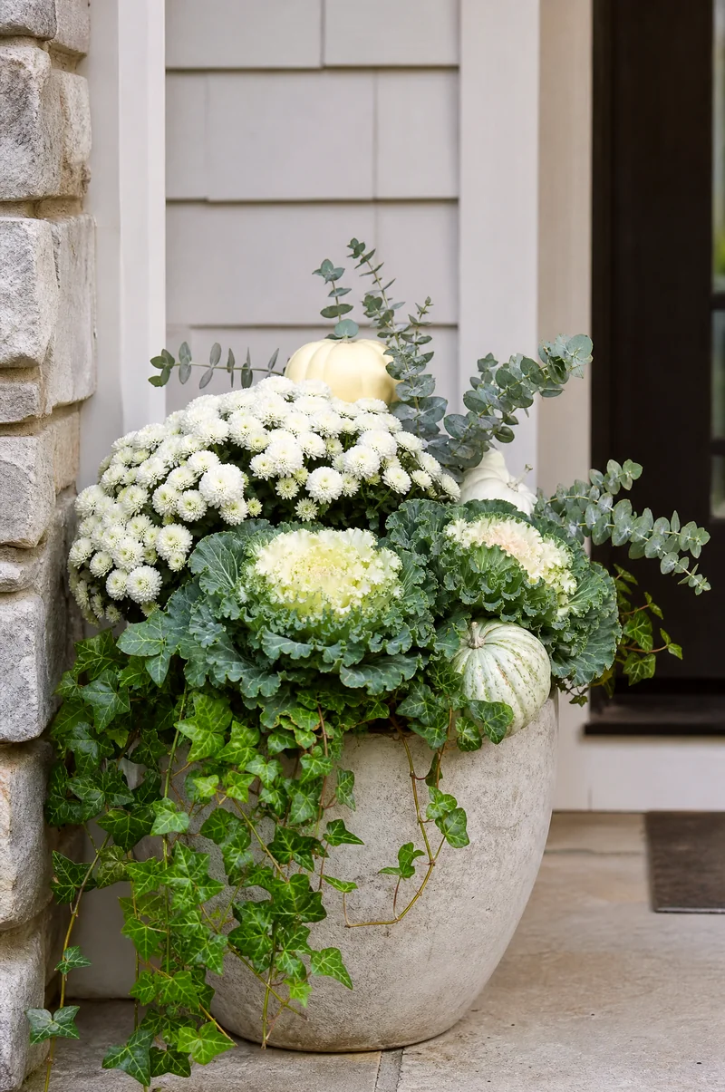 White and Green Fall Container Display White mums, ornamental cabbage, eucalyptus, ivy, and pale pumpkins in a neutral fall planter
