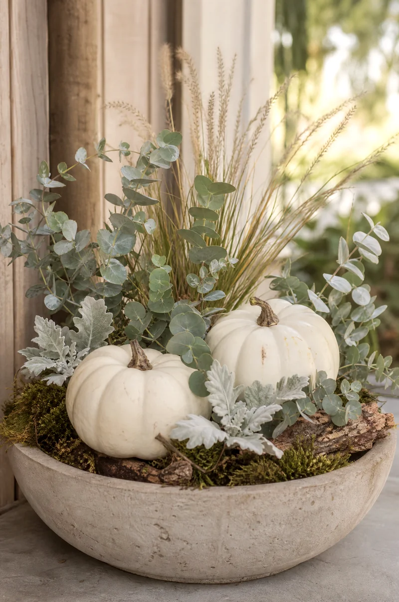 White Pumpkin and Eucalyptus Planter White pumpkins with eucalyptus, dusty miller, and pale ornamental grasses in a light concrete planter