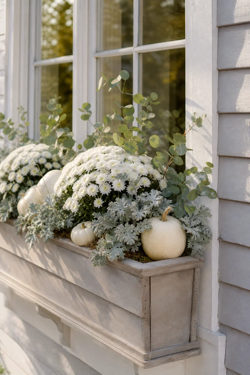 White Pumpkin Window Box White mums, dusty miller, eucalyptus, and pale pumpkins in a neutral fall window box