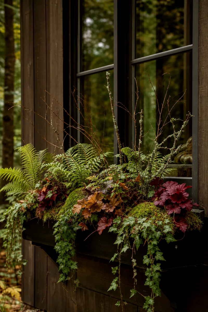 Woodland Fall Window Box Ferns, heuchera, ivy, moss, and small branches in a shaded woodland window box