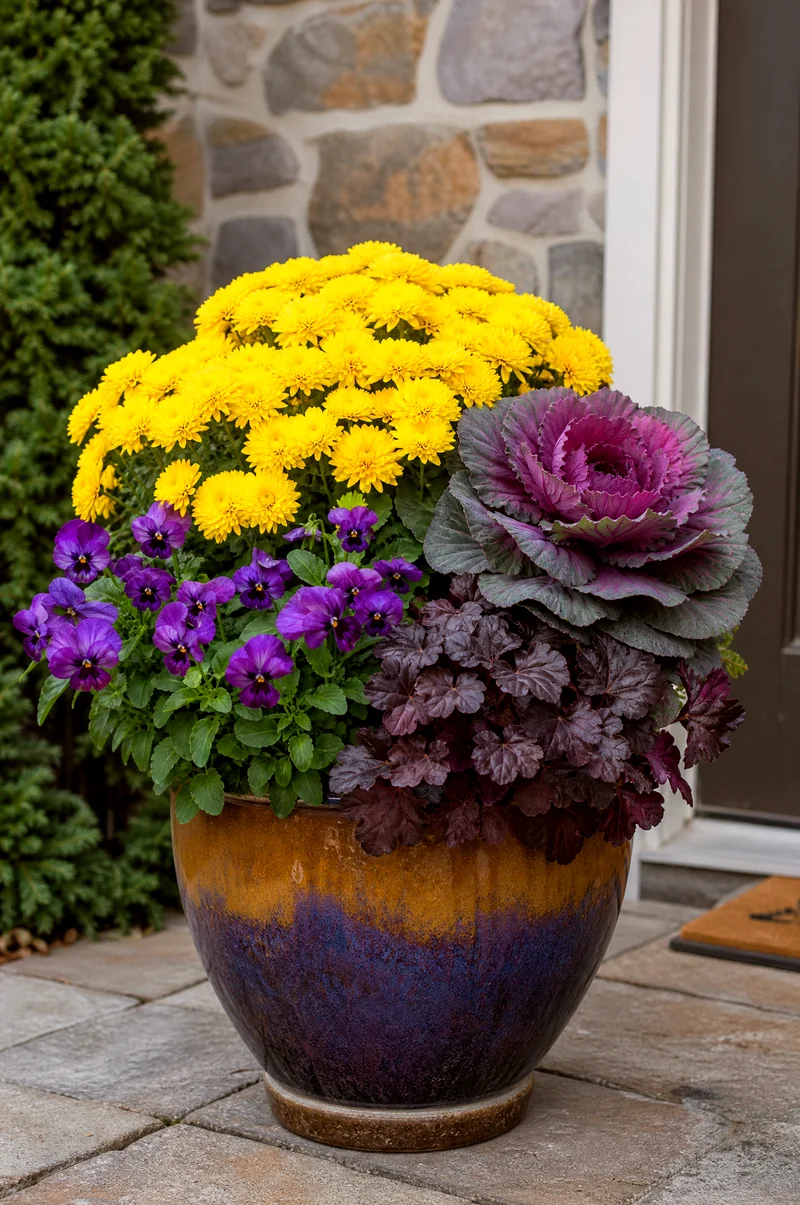 Yellow and Purple Fall Container Yellow mums, purple ornamental cabbage, violas, and dark heuchera in a fall pot
