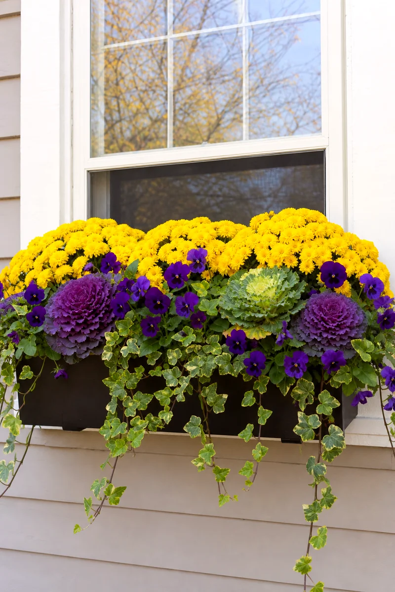 Yellow and Purple Window Box Yellow mums, purple pansies, ornamental cabbage, and green foliage in a fall window box